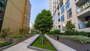 Ein moderner Innenhof mit einem zentralen Baum, umgeben von ordentlich angeordneten Pflanzkästen und einem gepflasterten Weg.