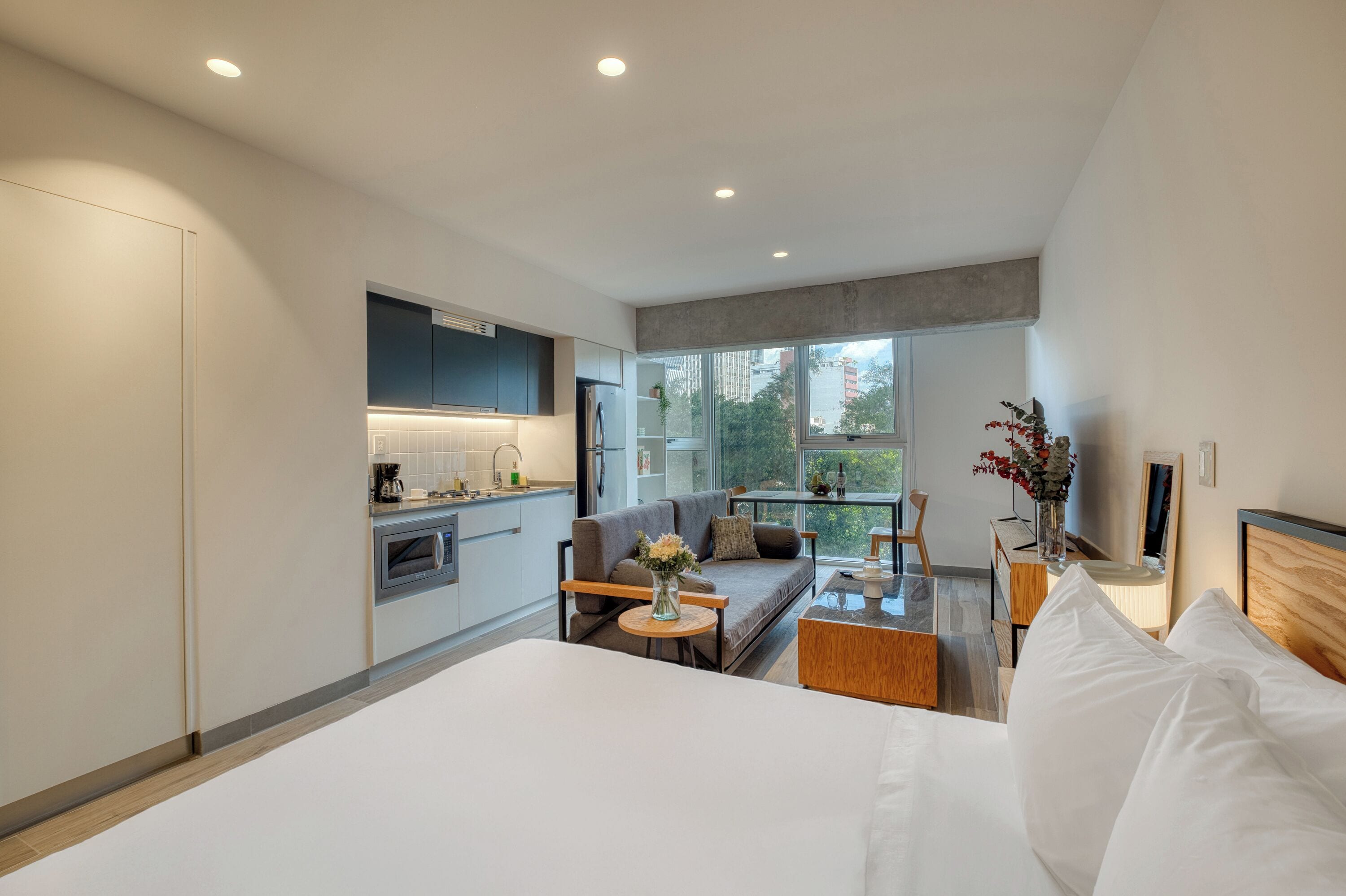 Studio Deluks, 1 Tempat Tidur Queen, dapur, pemandangan kota | Brankas, tirai kedap cahaya, setrika/meja setrika, dan Wi-Fi gratis