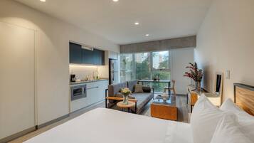 Studio Deluks, 1 Tempat Tidur Queen, dapur, pemandangan kota | Brankas, tirai kedap cahaya, setrika/meja setrika, dan Wi-Fi gratis