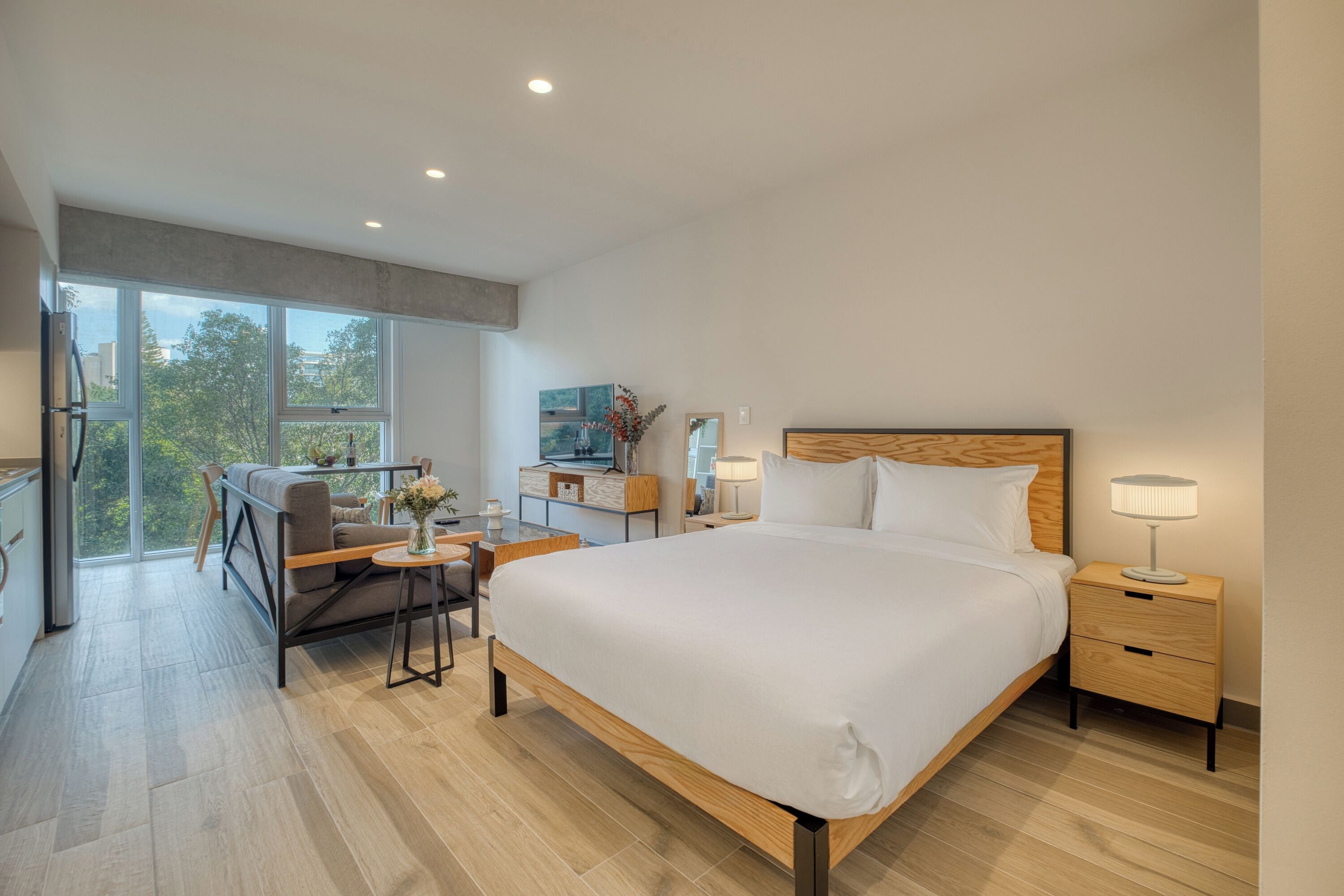 Studio – deluxe, 1 queensize-seng, kjøkken, byutsikt | Safe på rommet, blendingsgardiner og strykejern/-brett