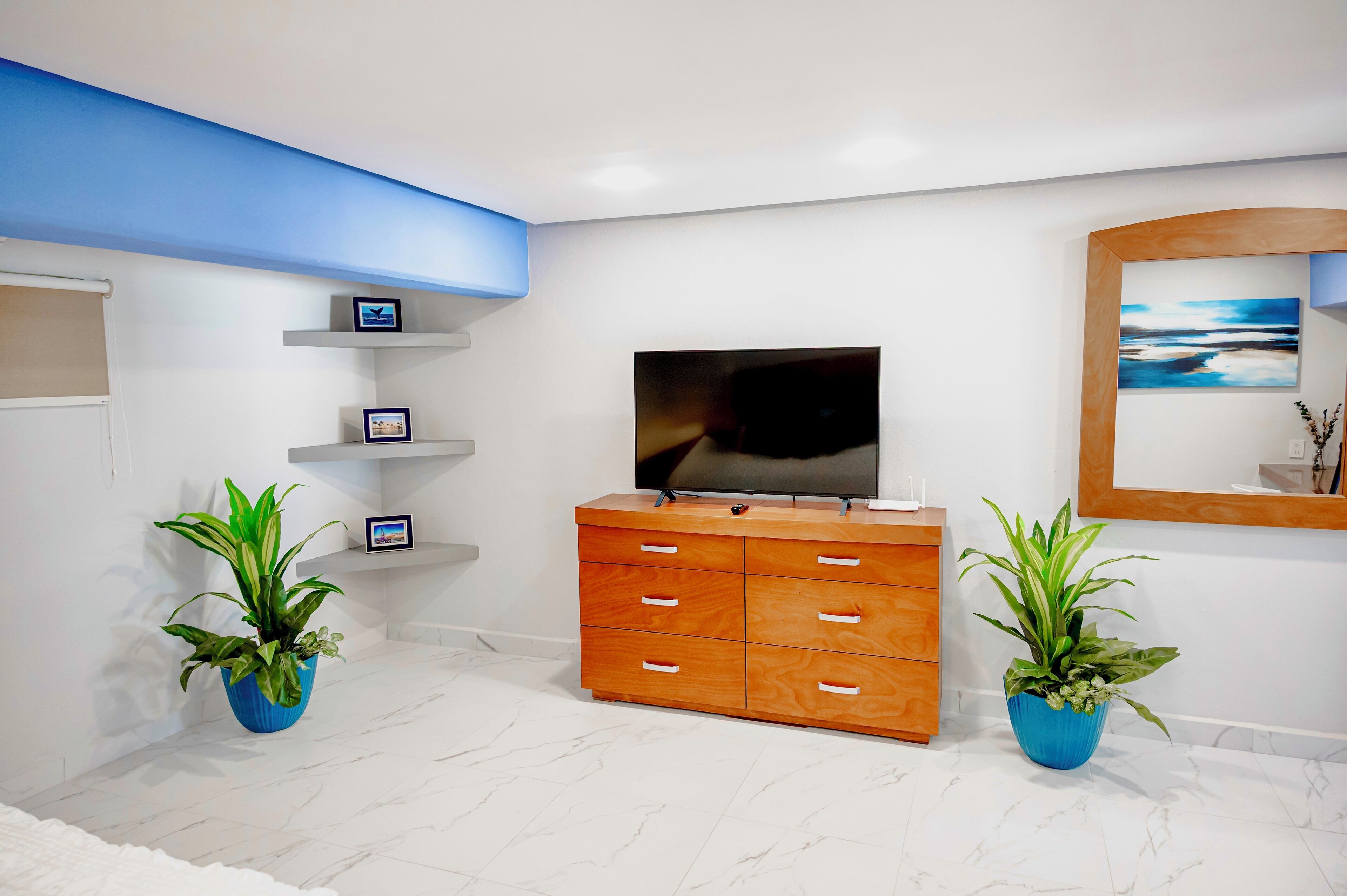 Ein modernes Zimmer mit einem Holzkabinett, einem Flachbildfernseher und zwei Blumentöpfen.