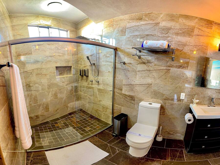 A modern bathroom with a glass-enclosed shower, a toilet, and a sink.