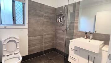 Hair dryer, towels, soap, toilet paper