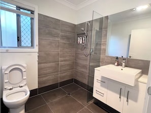 Hair dryer, towels, soap, toilet paper