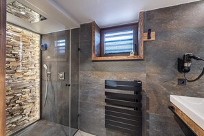 Shower, hair dryer, towels