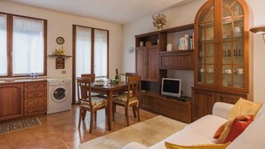 A compact living space with a dining area, a washing machine, a television, and a cabinet with glass doors. - Nice apartment for 4 people with WIFI, pool, TV and terrace (Pignone)