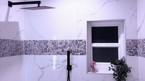 Een badkamer met een douche, een raam en een plant.