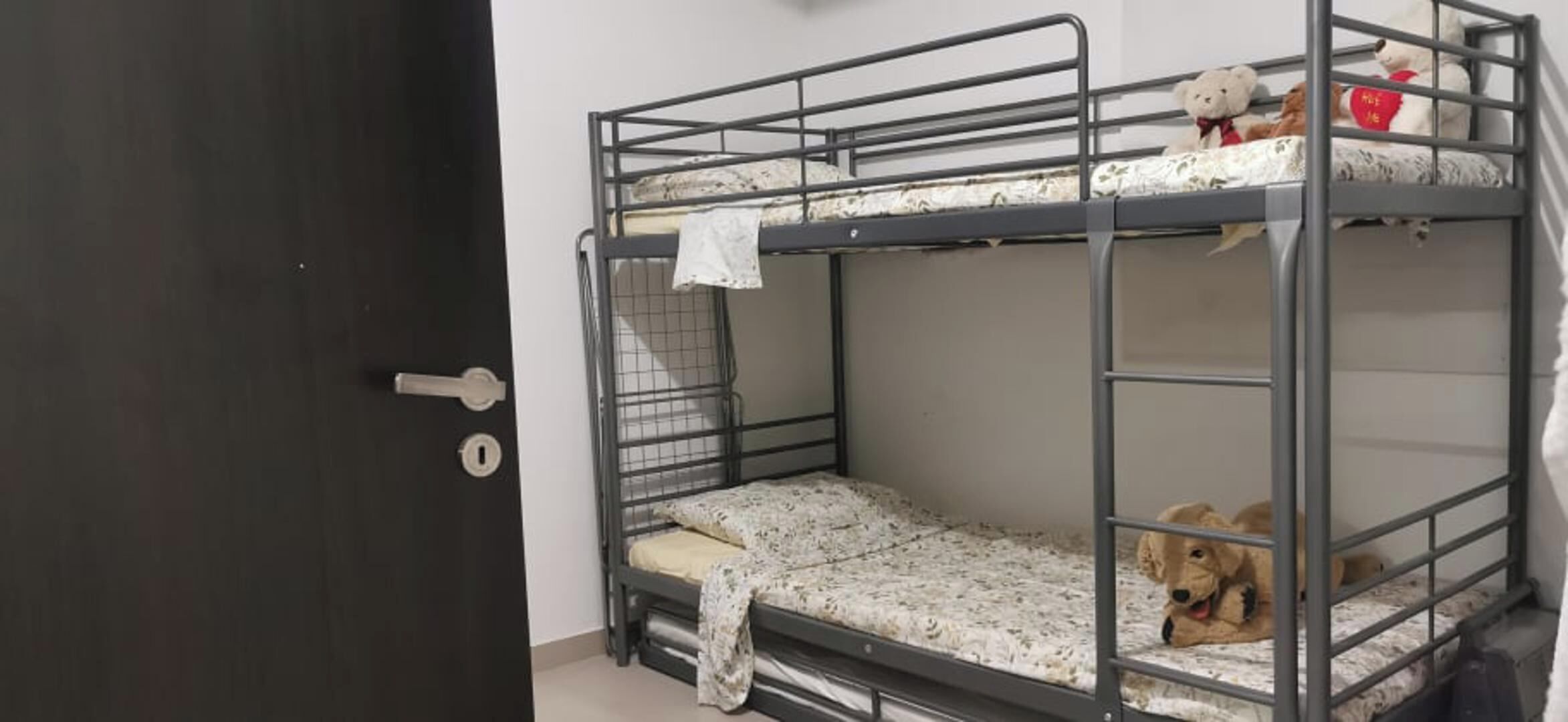 A bunk bed with a dog on the lower bunk and stuffed toys on the upper bunk.
