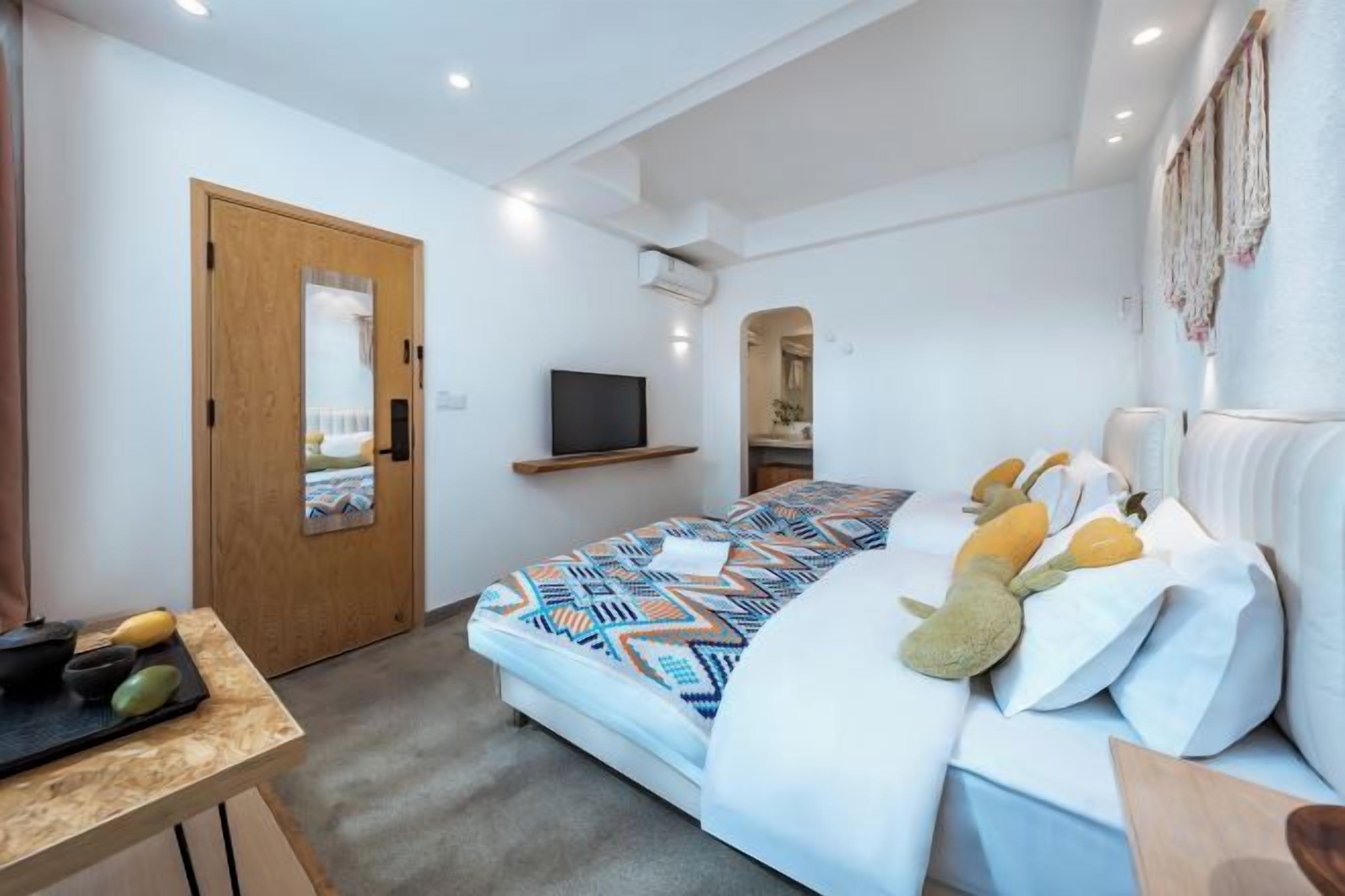 Un dormitorio con una cama, televisor, escritorio y puerta.
