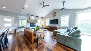 Smart TV, fireplace, books, music library