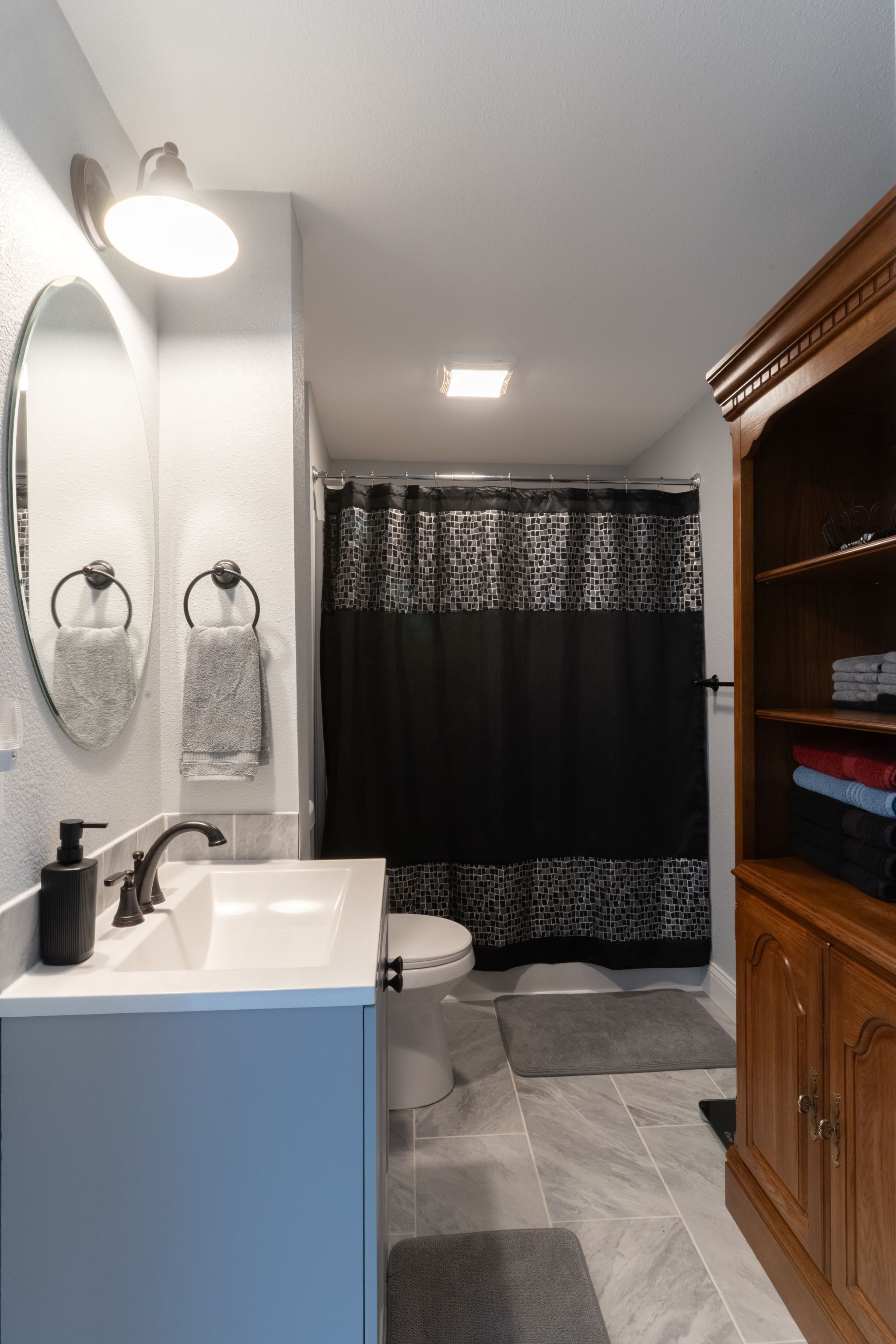 Hair dryer, towels, soap, toilet paper