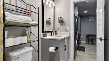 Hair dryer, towels, soap, toilet paper