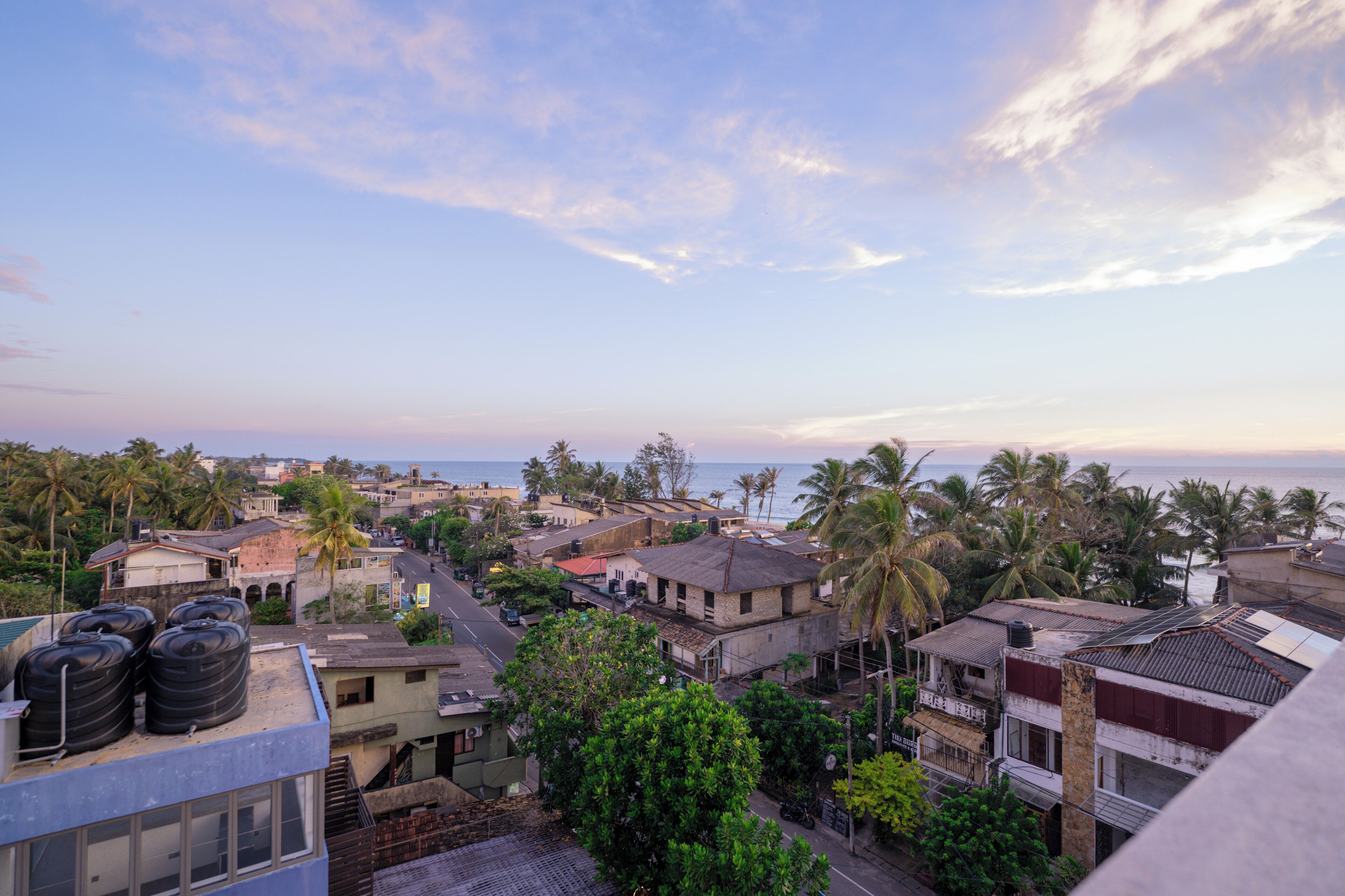 A coastal residential area with houses, palm trees, and a view of the sea.