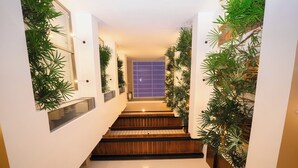 A modern staircase with wooden steps and white walls, flanked by green plants and a blue-tinted window at the top. - Emerald Resort Hikkaduwa (Hikkaduwa)