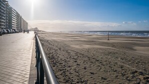 Um calçadão costeiro com guarda-corpo de metal, uma praia de areia e o oceano ao fundo.