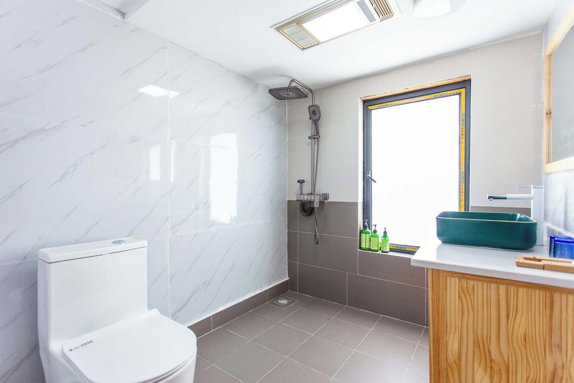 Een badkamer met toilet, douche en wastafel.
