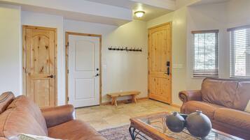 TV, fireplace, books, video library
