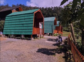 Filas de cabañas pequeñas con techos verdes y balcones de madera, ubicadas en una zona rural con senderos de grava y rodeadas de árboles.