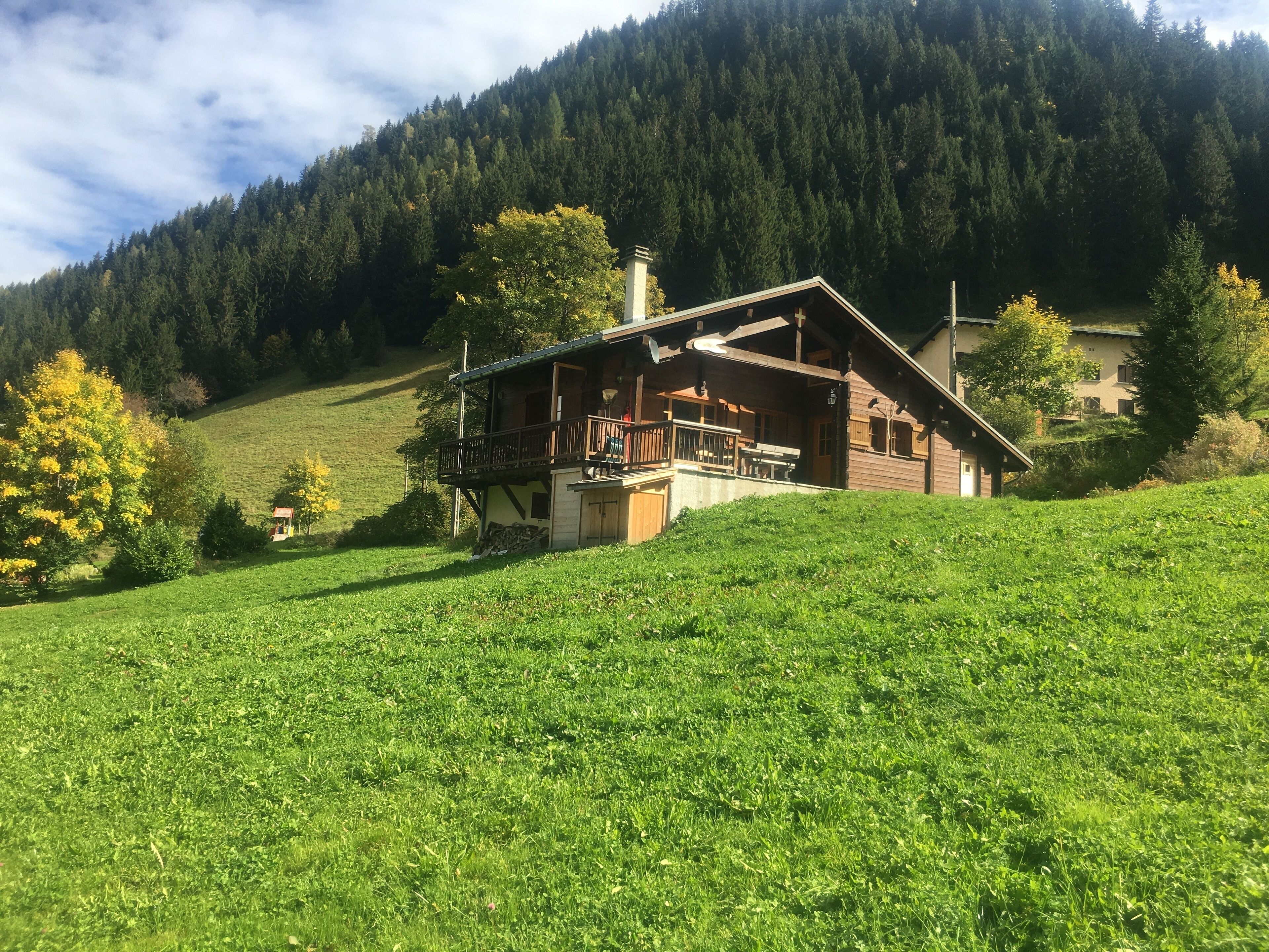 A wooden cabin with a balcony, surrounded by a lush green field and a forested hillside.