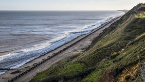 Un paysage côtier avec une plage de sable, une clôture en bois et une falaise herbeuse.