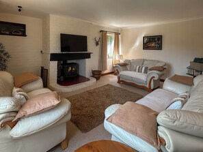 A living room with a fireplace, two sofas, a television, and a painting on the wall. - 3 bedroom accommodation in Areley Kings, Near Stourport on Severn (Areley Kings, Near Stourport on Severn)