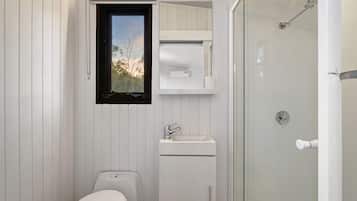 Shower, hair dryer, towels, shampoo