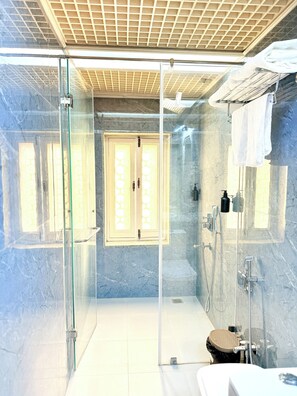 Shower, bidet, towels, soap