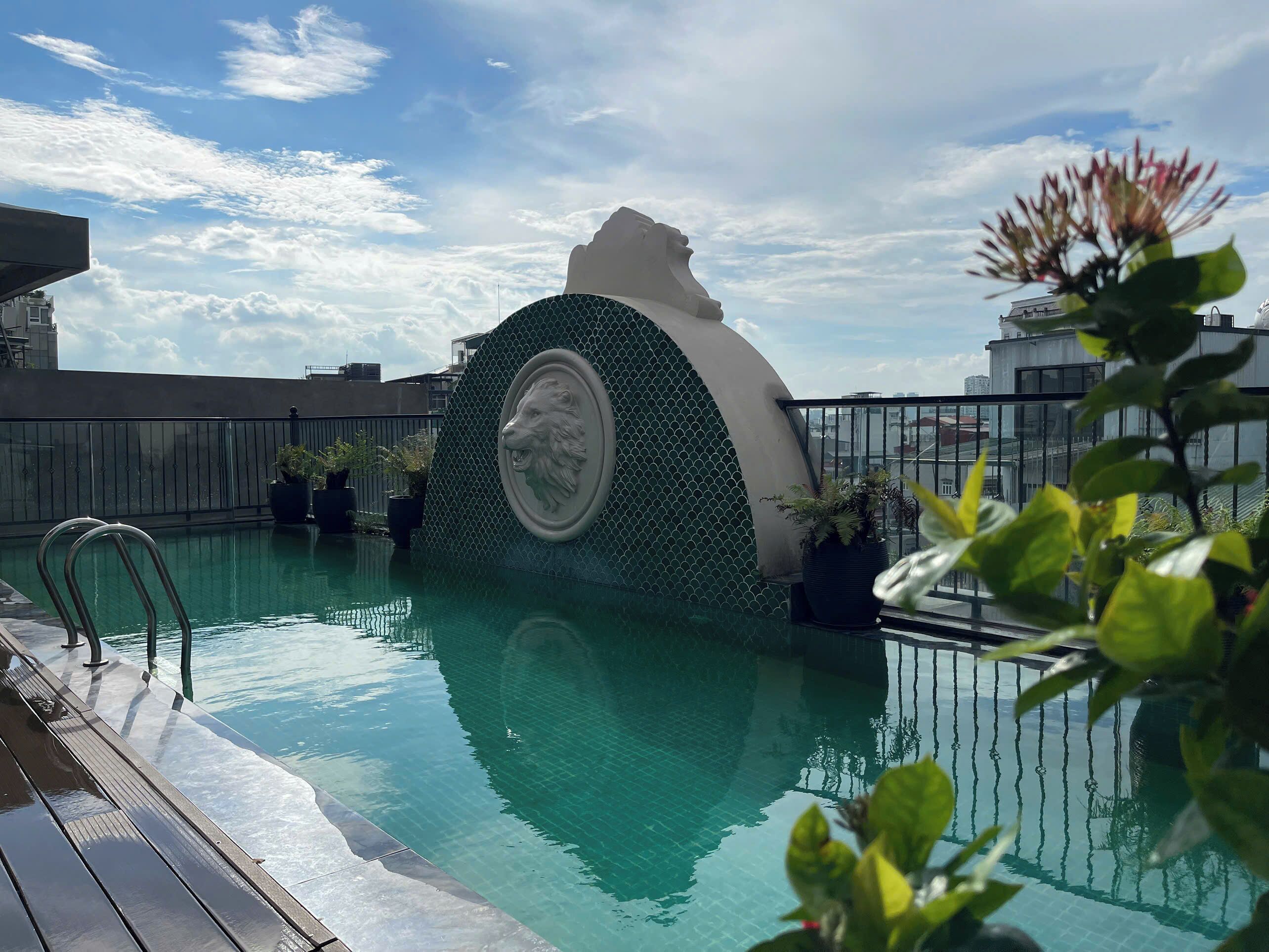 A rooftop pool with a lion head sculpture, surrounded by potted plants and a clear sky.