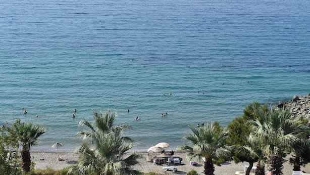 A beach with palm trees, a rocky shoreline, and people swimming in the water. - Çidihan Hotel (Kuşadası)