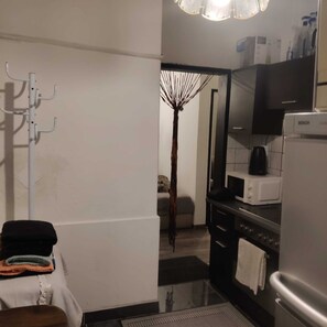 Kühlschrank, Mikrowelle, Herdplatte, Kochgeschirr/Geschirr/Besteck