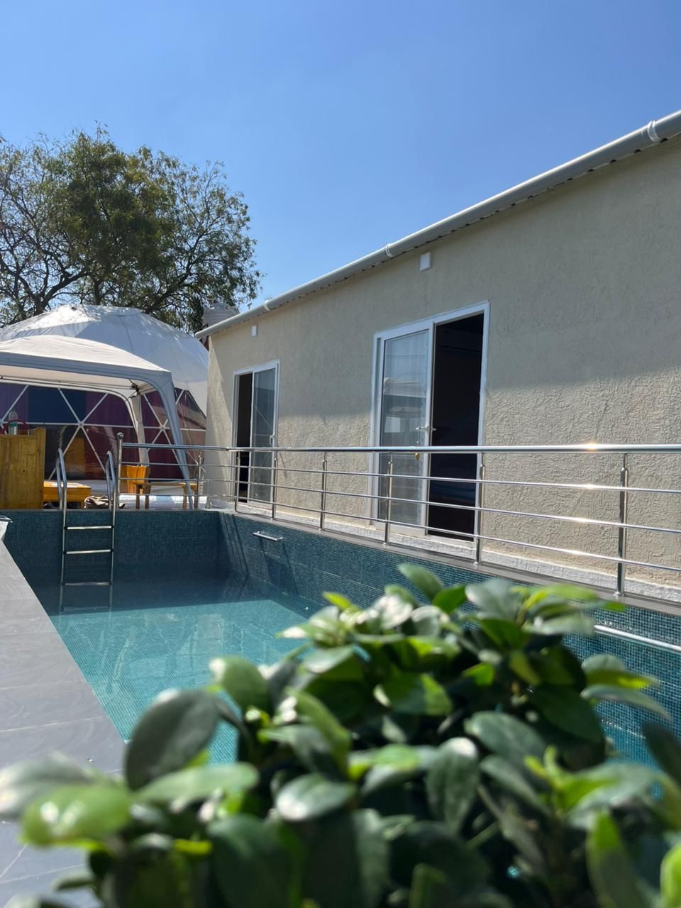 A swimming pool with a ladder, a covered area, and a building with windows.