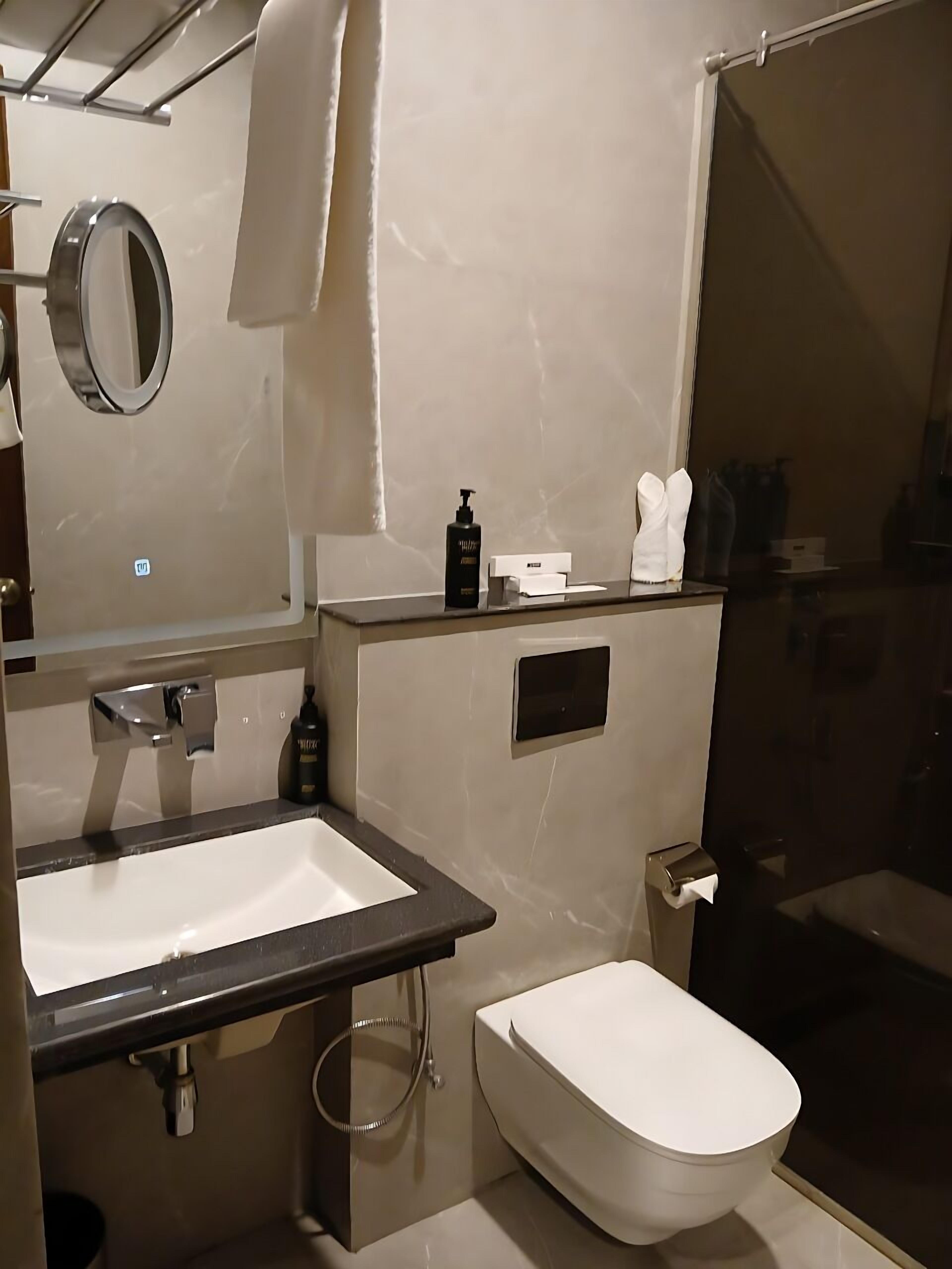 Luxury Studio Suite | Bathroom | Shower, hair dryer, towels, soap