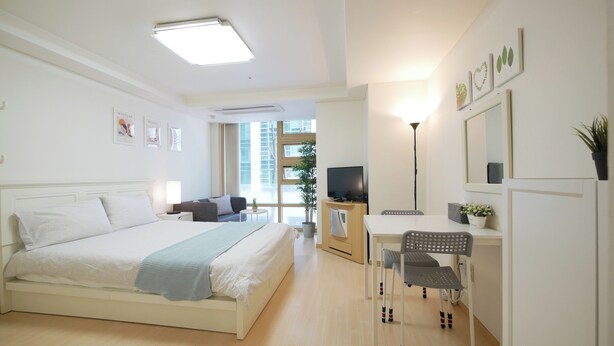 Une chambre d’hôtel moderne équipée d’un lit, d’un bureau, d’une chaise, d’une télévision et d’une plante.
