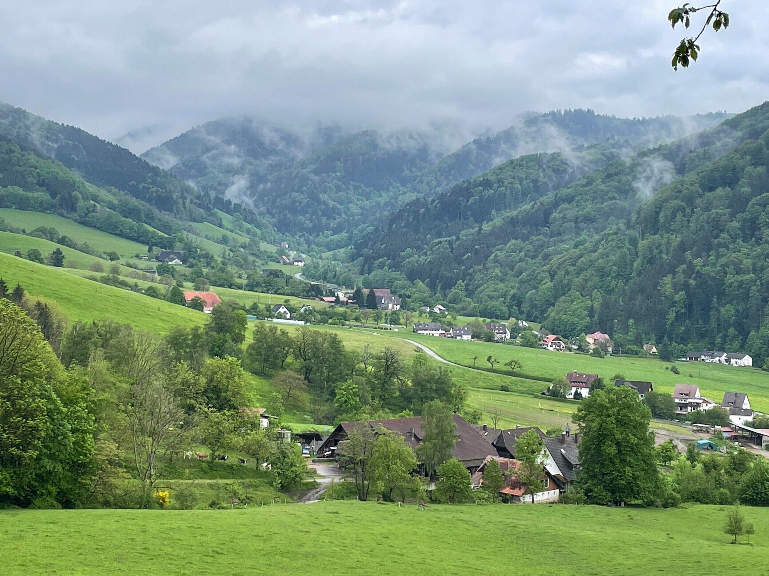 A rural landscape with rolling hills, a small village, and houses with red roofs.