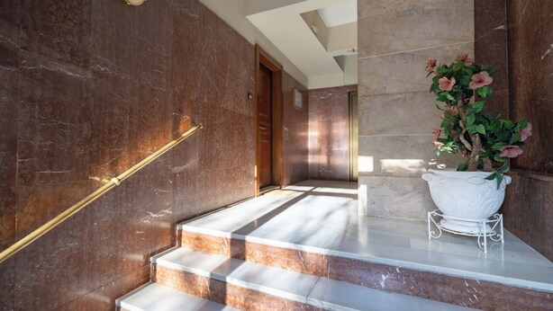 A marble staircase with a potted plant on the landing. - Authentic Athens stay in Kypseli by ΜΡS (Athina)