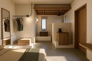 خزنة داخل الغرفة وستائر تعتيم وتجهيزات عازلة للصوت ومكواة/لوح كي