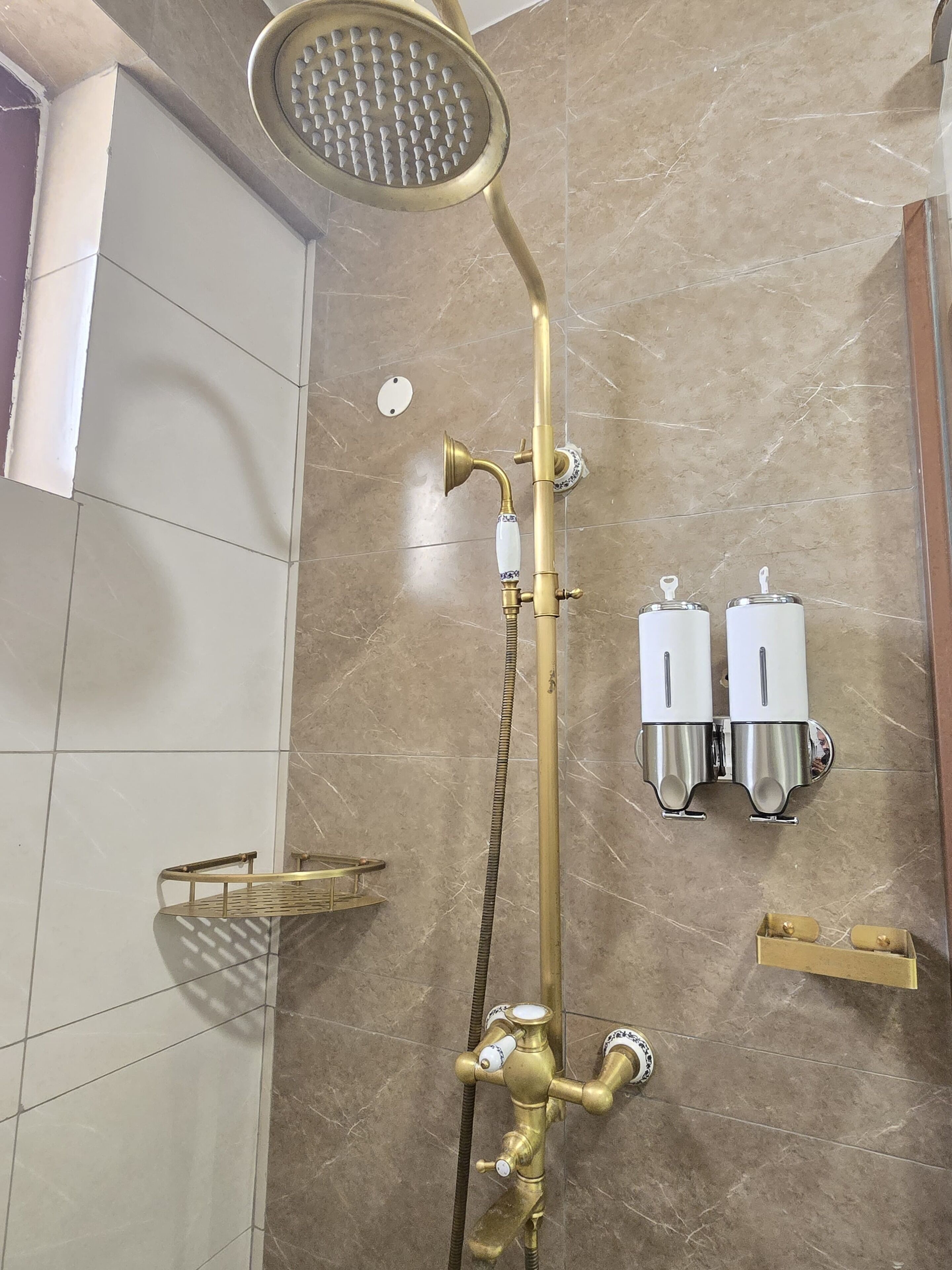 Shower, bathrobes, towels, soap