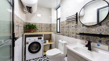 Hair dryer, towels, soap, toilet paper