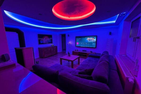 Smart TV, fireplace, books, stereo