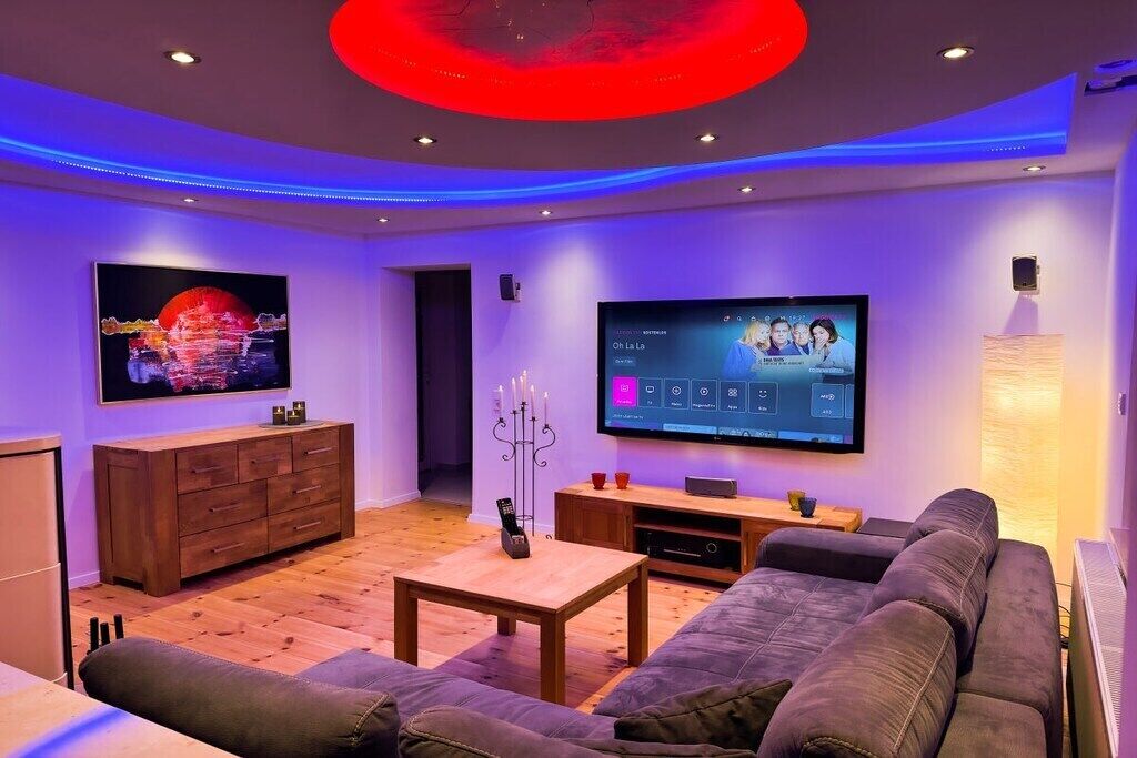 Smart TV, fireplace, books, stereo