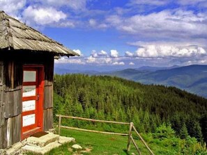 A wooden cabin with a red door, surrounded by a wooden fence, set against a backdrop of dense forest and mountains under a partly cloudy sky.