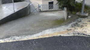 Ein Parkplatz mit Betonbefestigung, einem Metallgitter und einem Gebäude im Hintergrund.