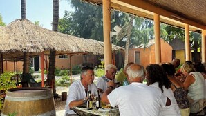 A group of people dining outdoors at a covered patio with a thatched roof, palm trees, and a wooden barrel.