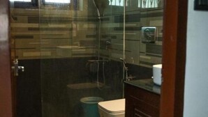 Ein Duschbereich mit Glaswänden, inklusive Toilette und Mülleimer.