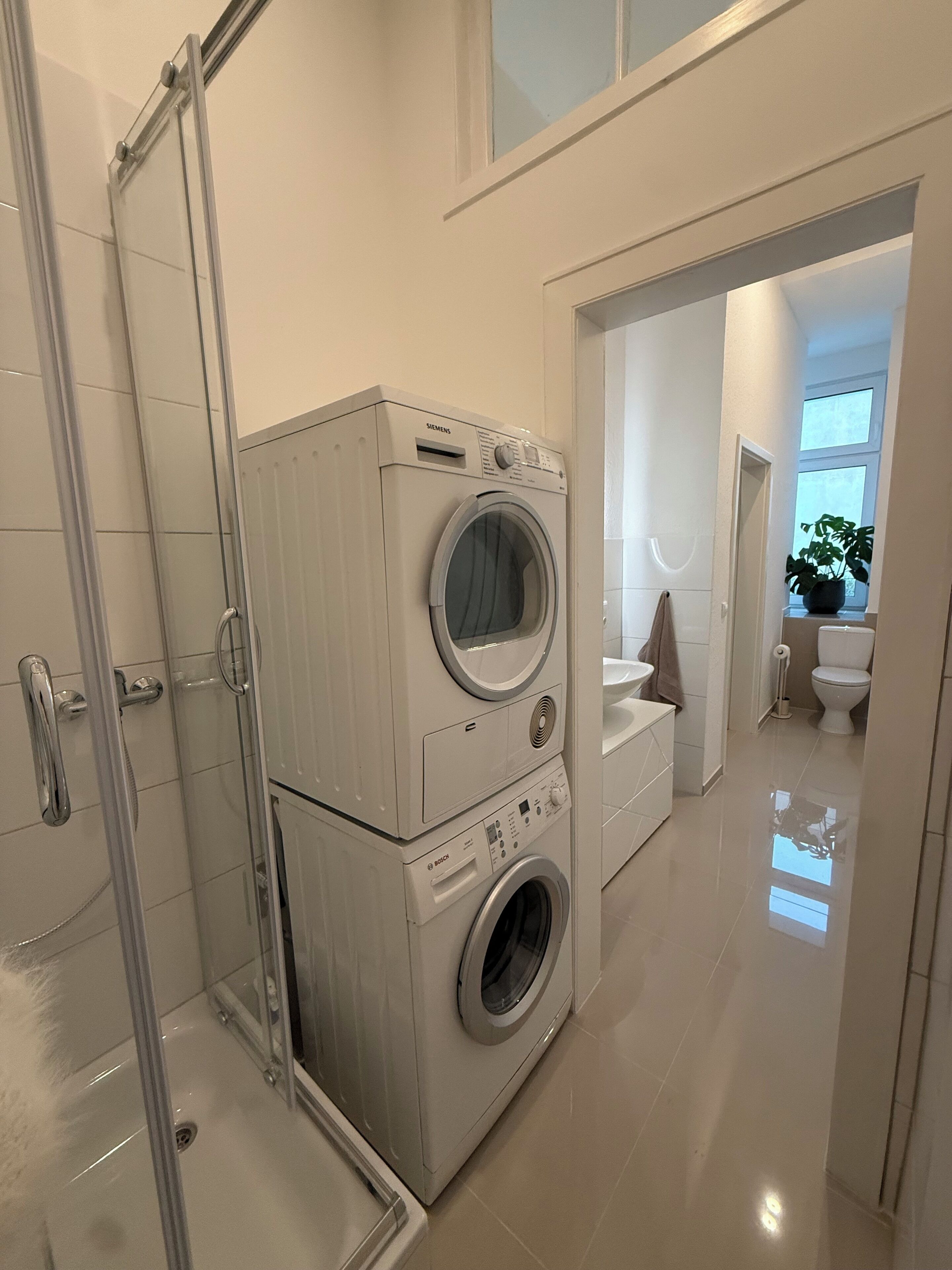 Hair dryer, towels, soap, toilet paper