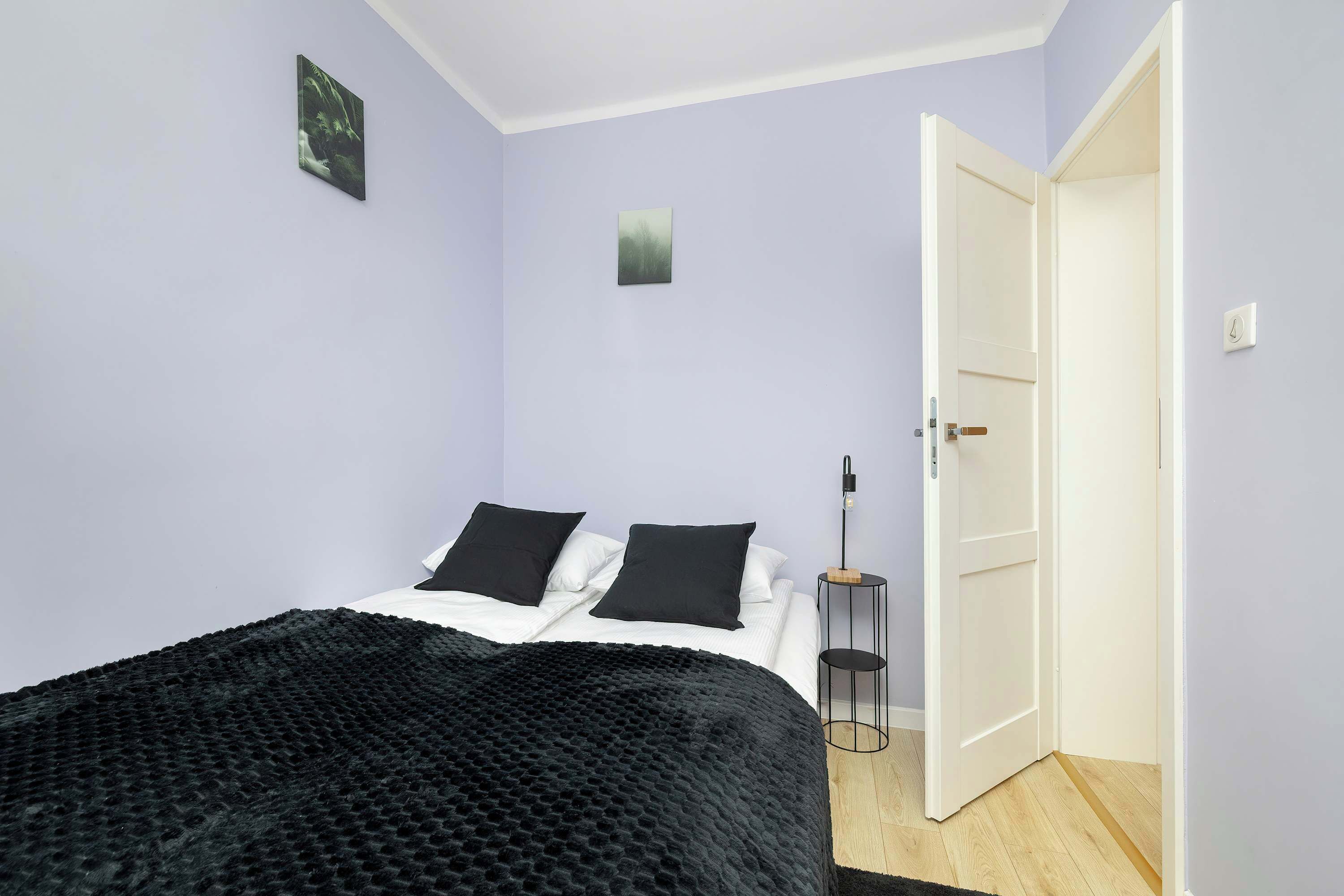 A bedroom with a bed, two pillows, a black textured blanket, a small wall art, and a door leading to another room.