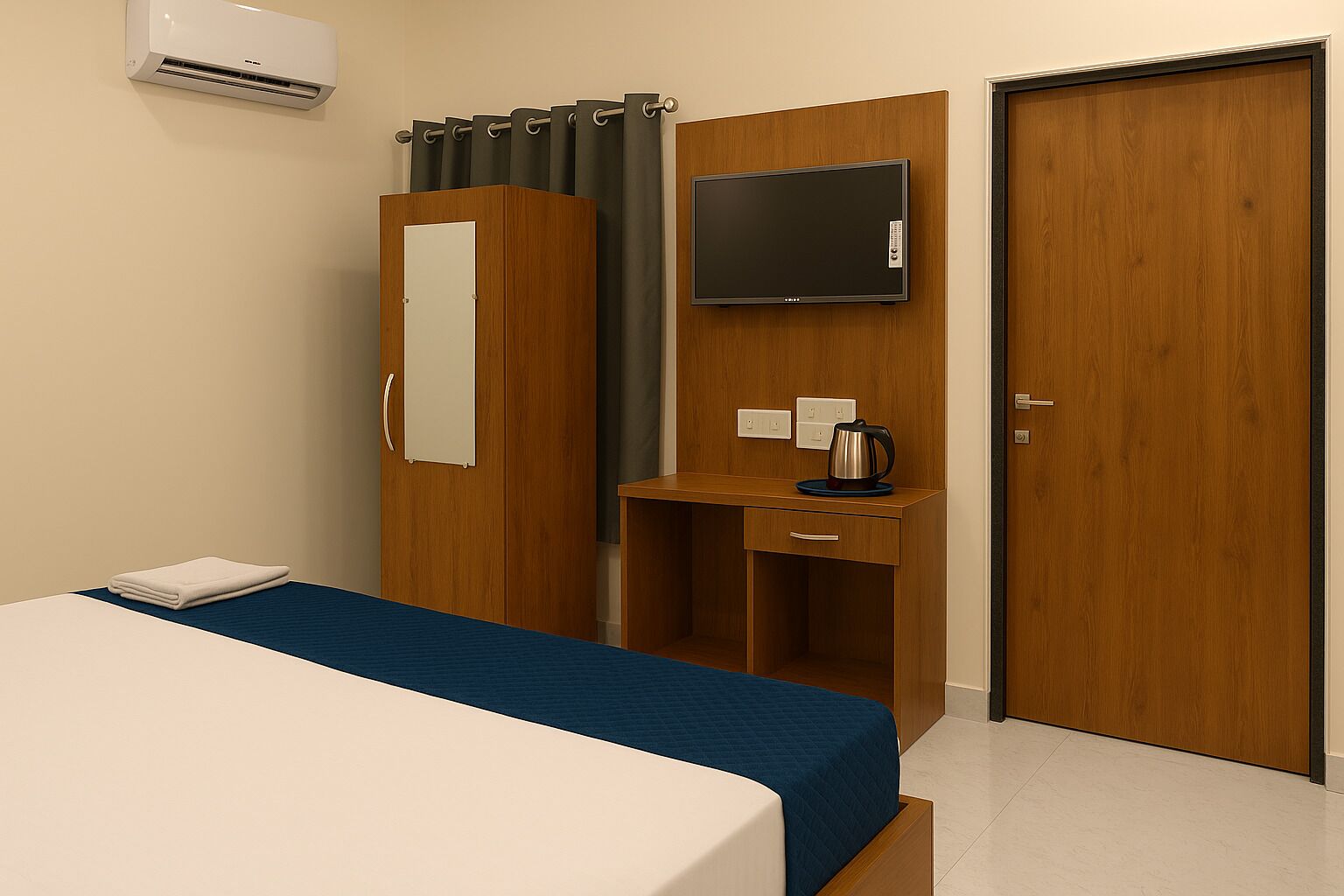 A hotel room with a bed, a desk with a kettle, a television, and a wardrobe.