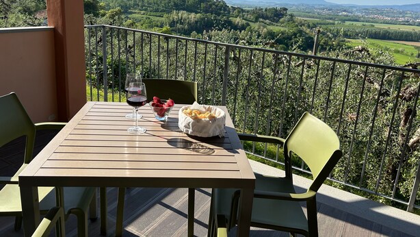 A balcony with a table, chairs, a glass of red wine, strawberries, and a basket of snacks. - Holiday Home 'Appartamento Il Nespolo' with Private Terrace, Wi-Fi & Air Conditioning (Pontedera)