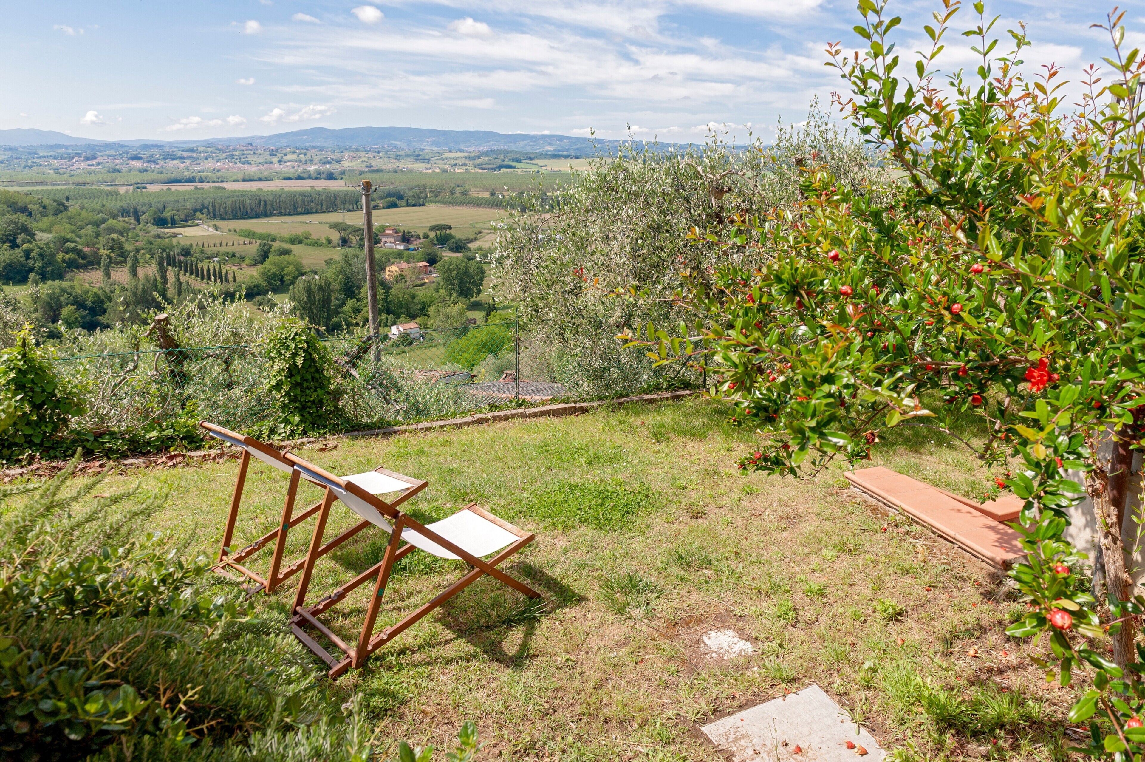 A grassy outdoor area with a wooden bench and a table, surrounded by trees and a distant view of a town.