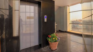 Un ascensor moderno con pantalla digital, una planta en maceta con flores y vistas a edificios a través de un vidrio.